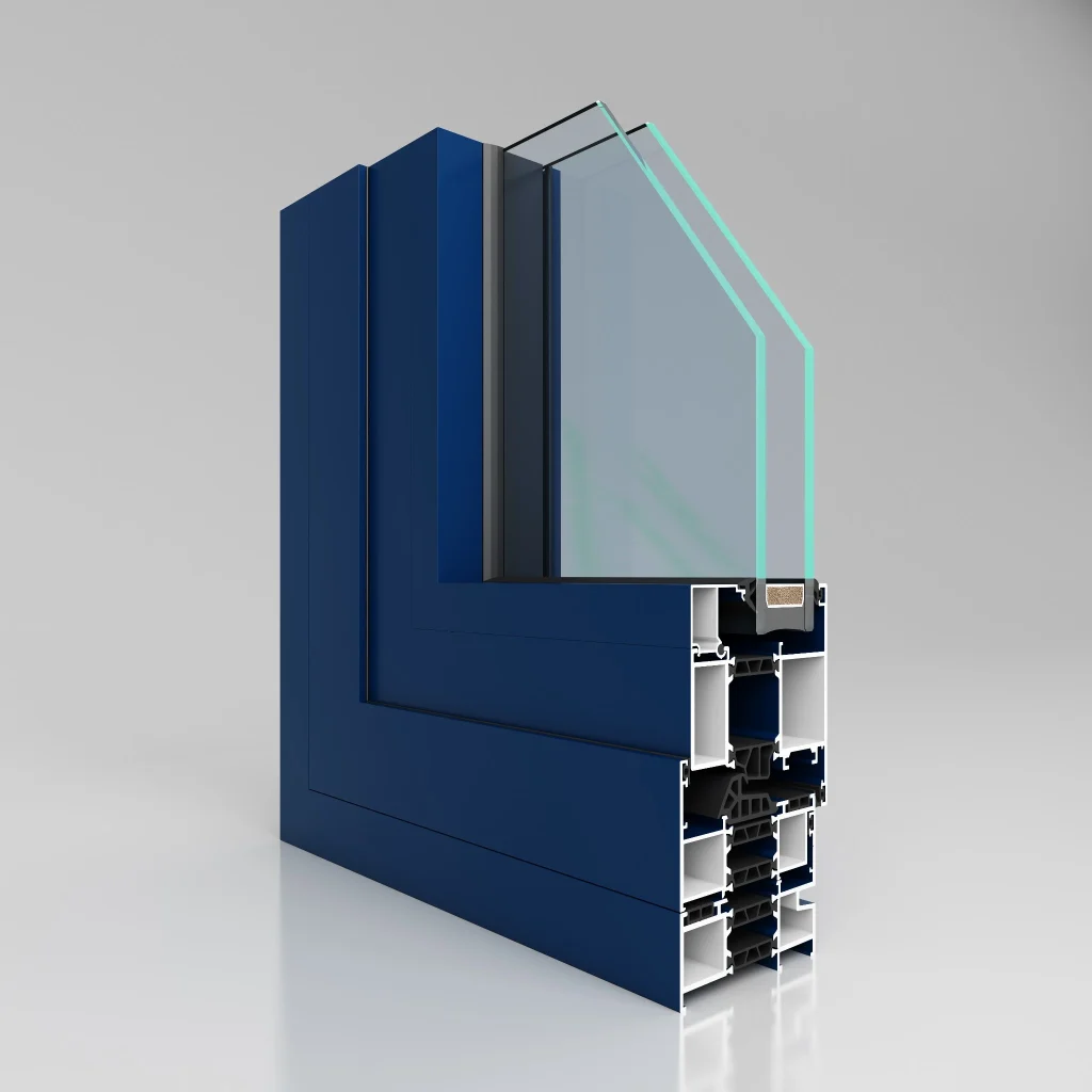 Fenêtre à auvent pont cassé Profil de fenêtre bleu avec verre montrant un cadre en aluminium