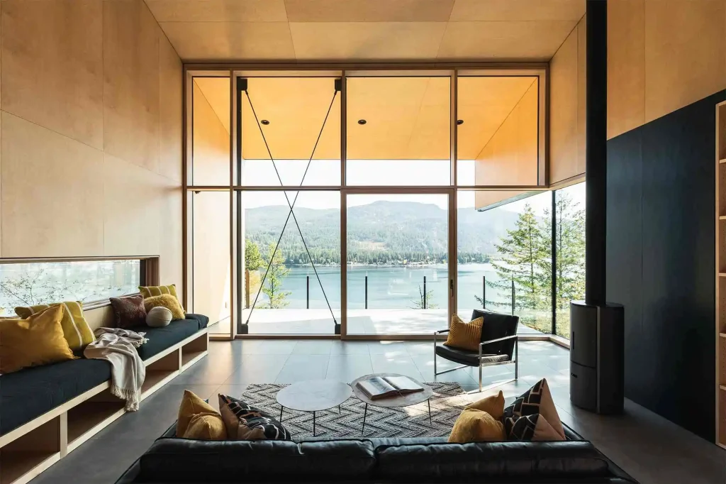 Lounge area with large windows and mountain views