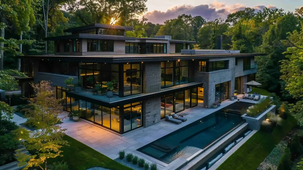 Moderna villa de lujo con grandes ventanales y piscina al aire libre.