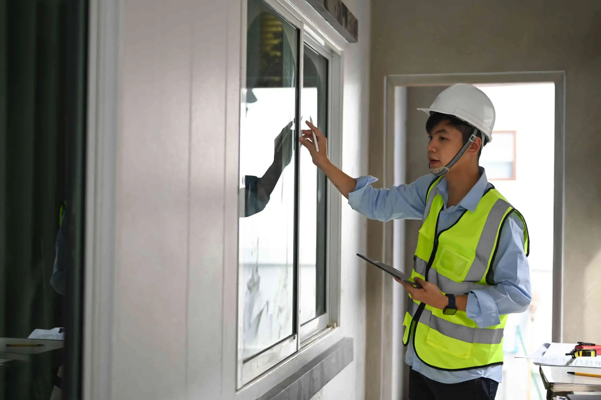 Arbeiter prüft Fenstermontage auf Baustelle