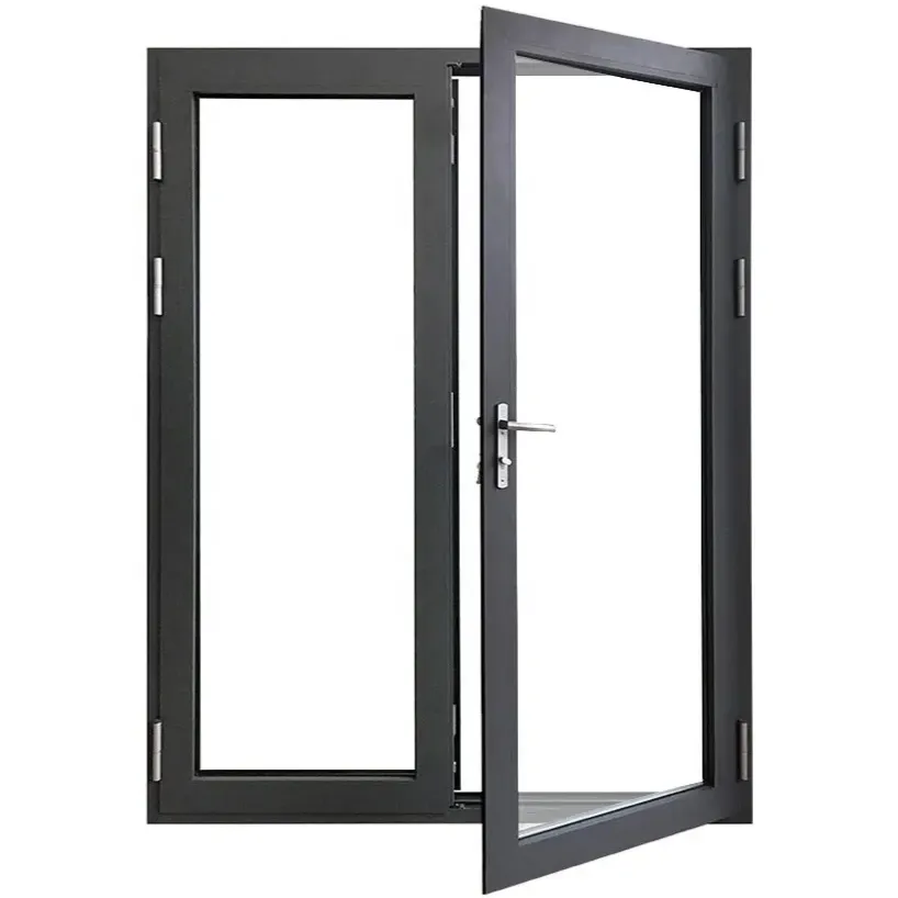 Black aluminum hinged door partially open on white background