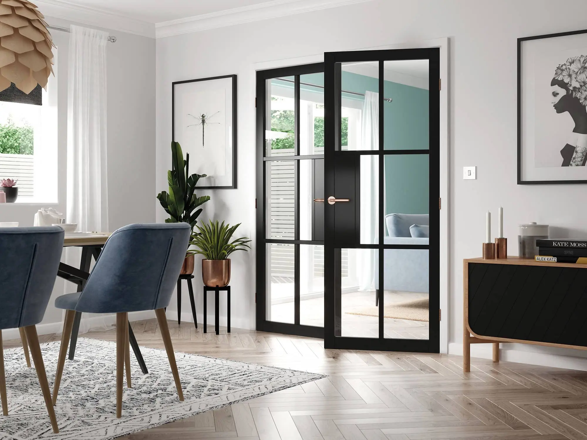 Black framed glass double doors in a living room