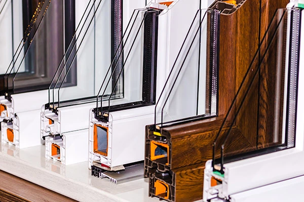 Cross sections of different window frame materials on display