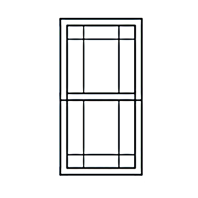 Finestra a doppia anta con motivi decorativi a griglia su entrambe le ante