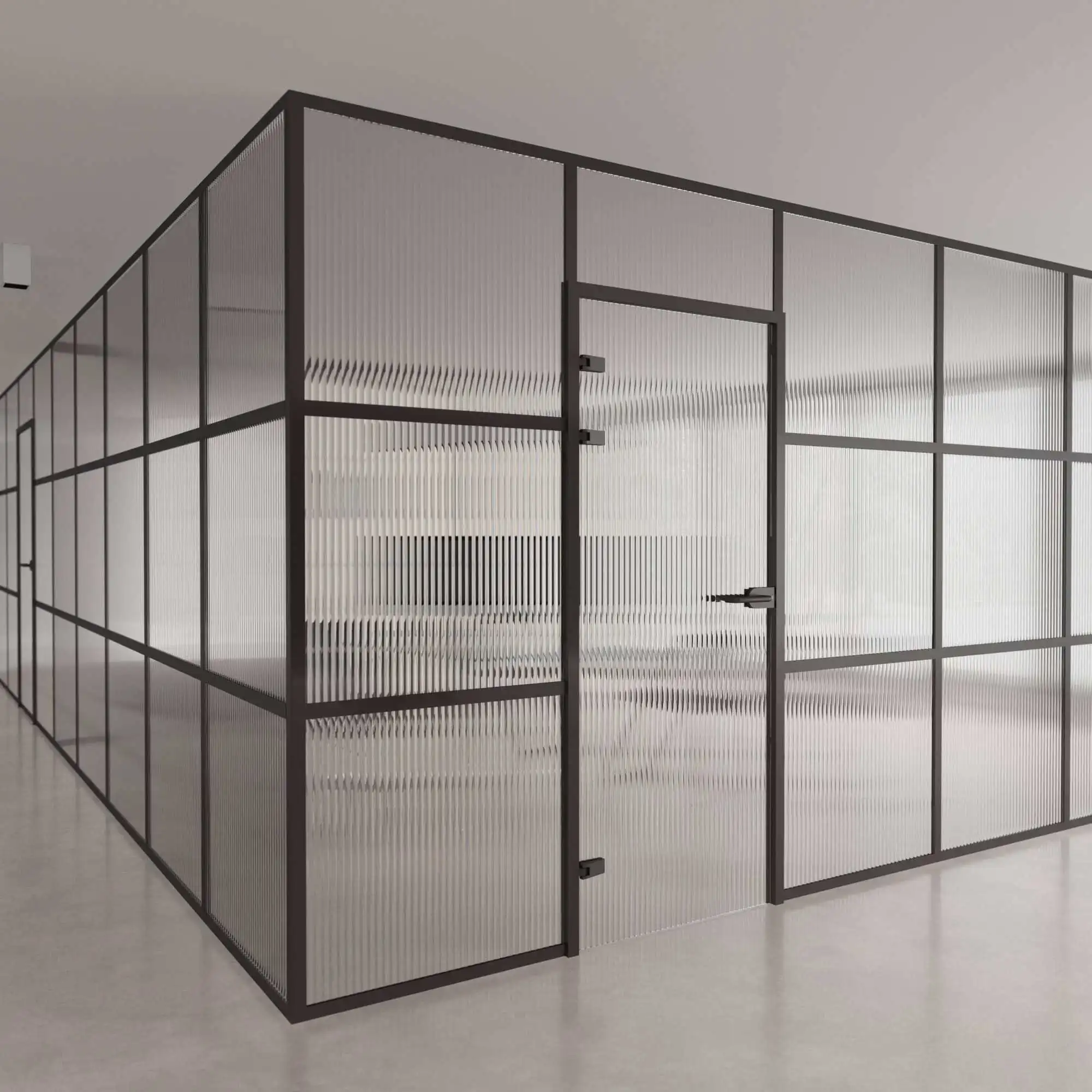 Glass partition office with striped pattern and modern door
