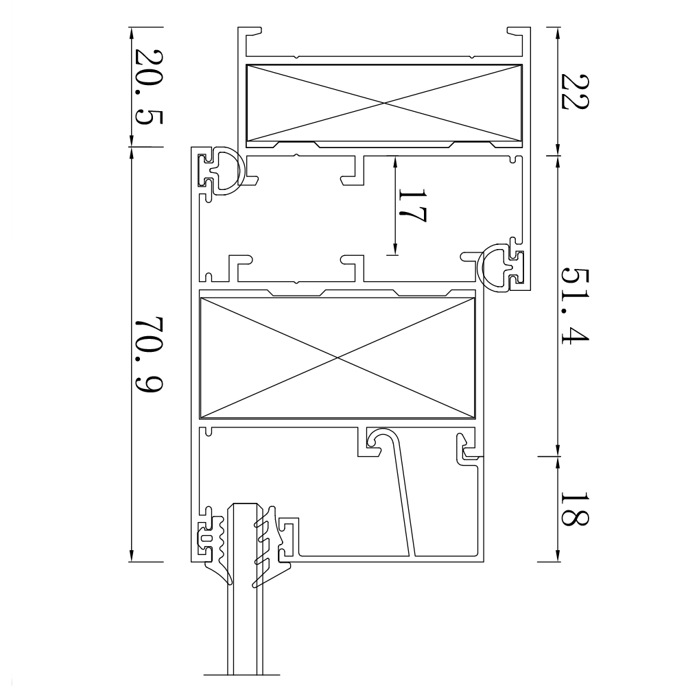 Porta a battente con ponte non rotto Diagramma della sezione trasversale di un profilo del telaio di una porta
