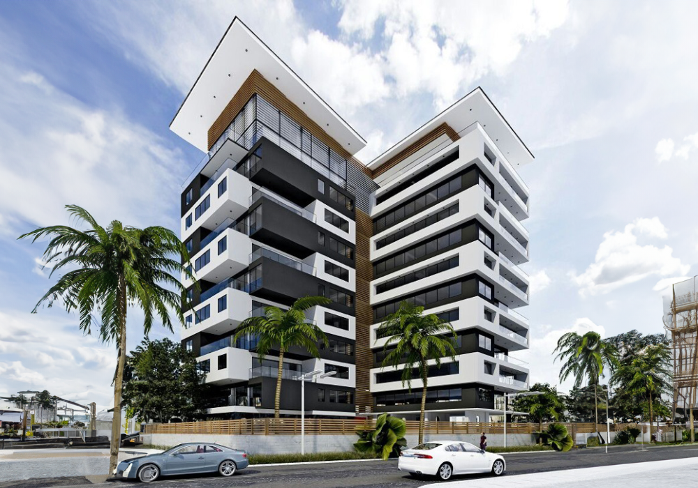 Vista diurna dell'appartamento moderno Tower Cascades in Ghana