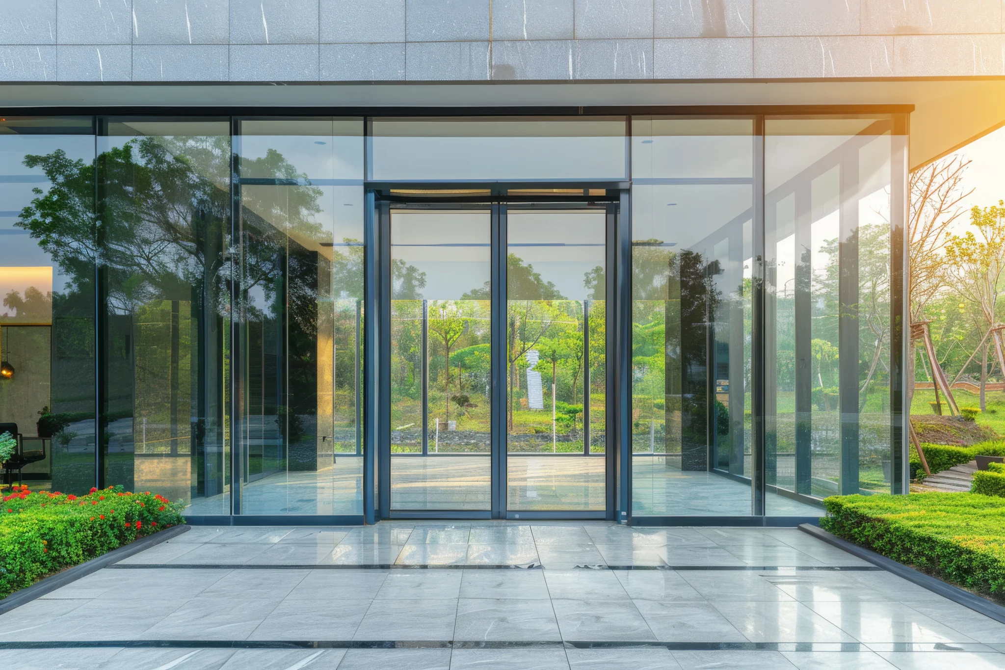 넓은 슬라이딩 도어와 깔끔한 디자인의 모던한 유리 현관