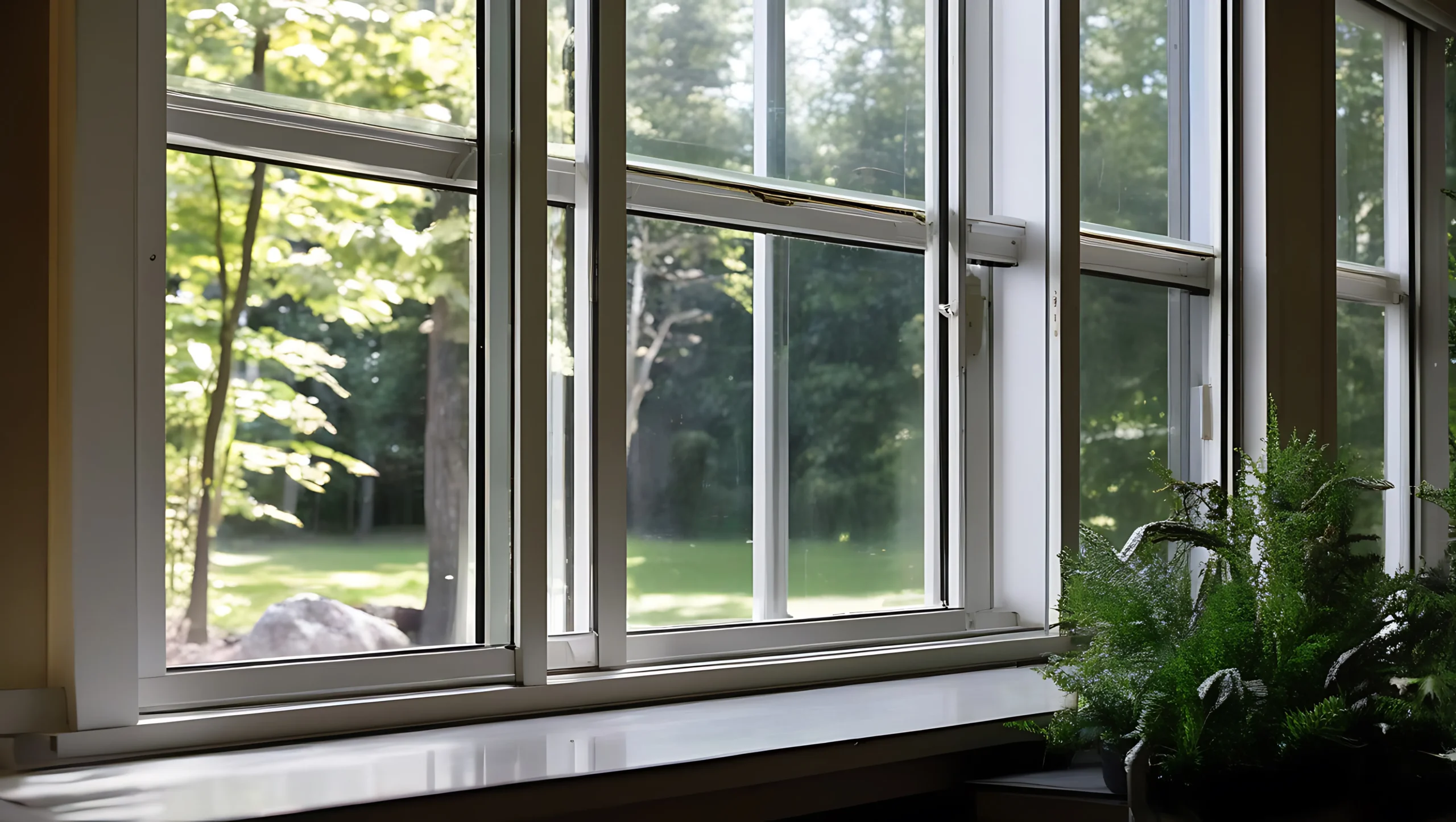 Fenêtre coulissante ouverte avec vue sur le jardin et plantes vertes à l'intérieur