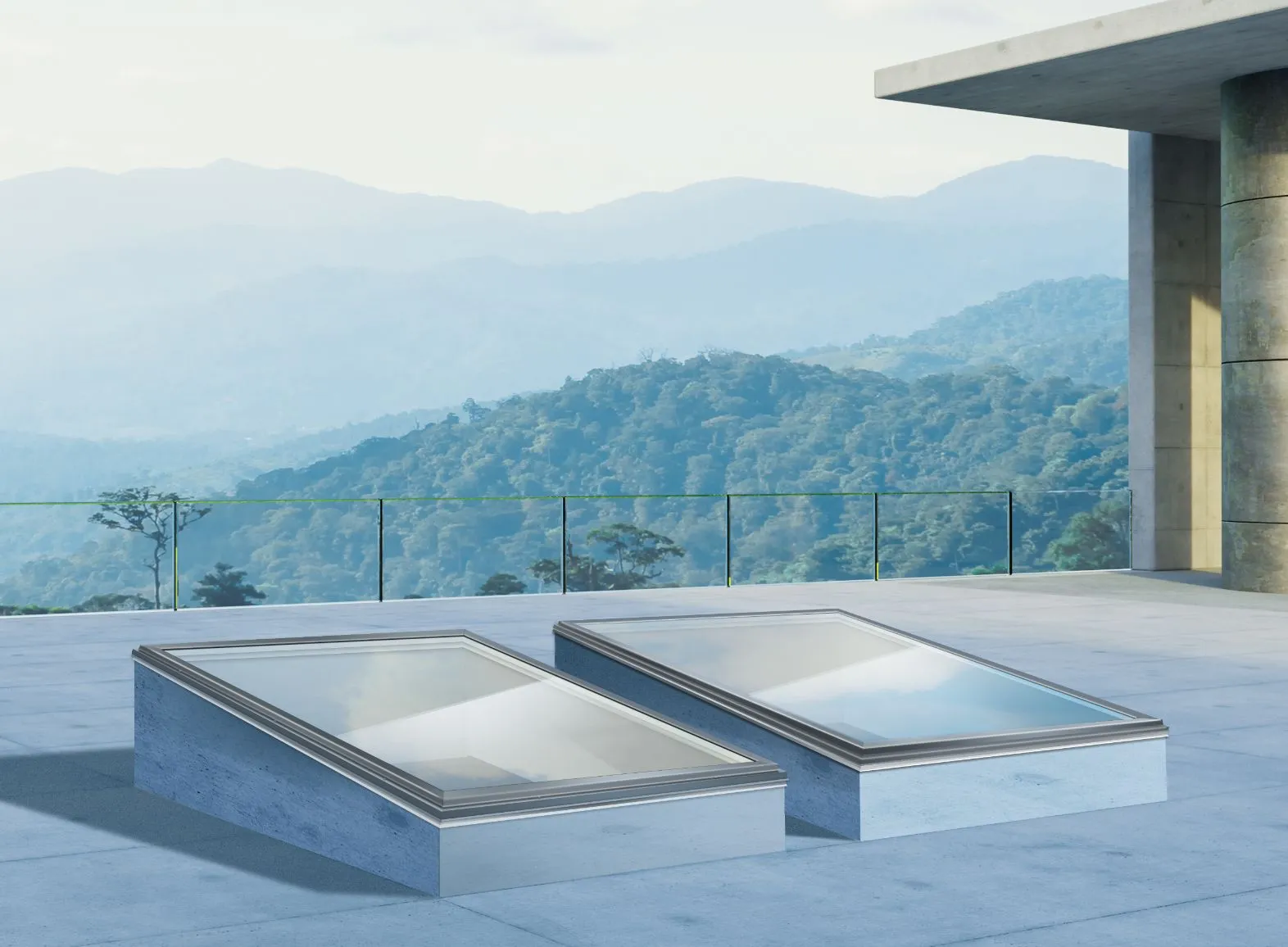 Eleganti finestre in alluminio con lucernario e vista sulle montagne sullo sfondo