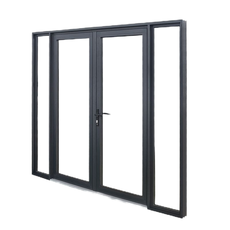 Sliding door with a black aluminum frame and glass panels