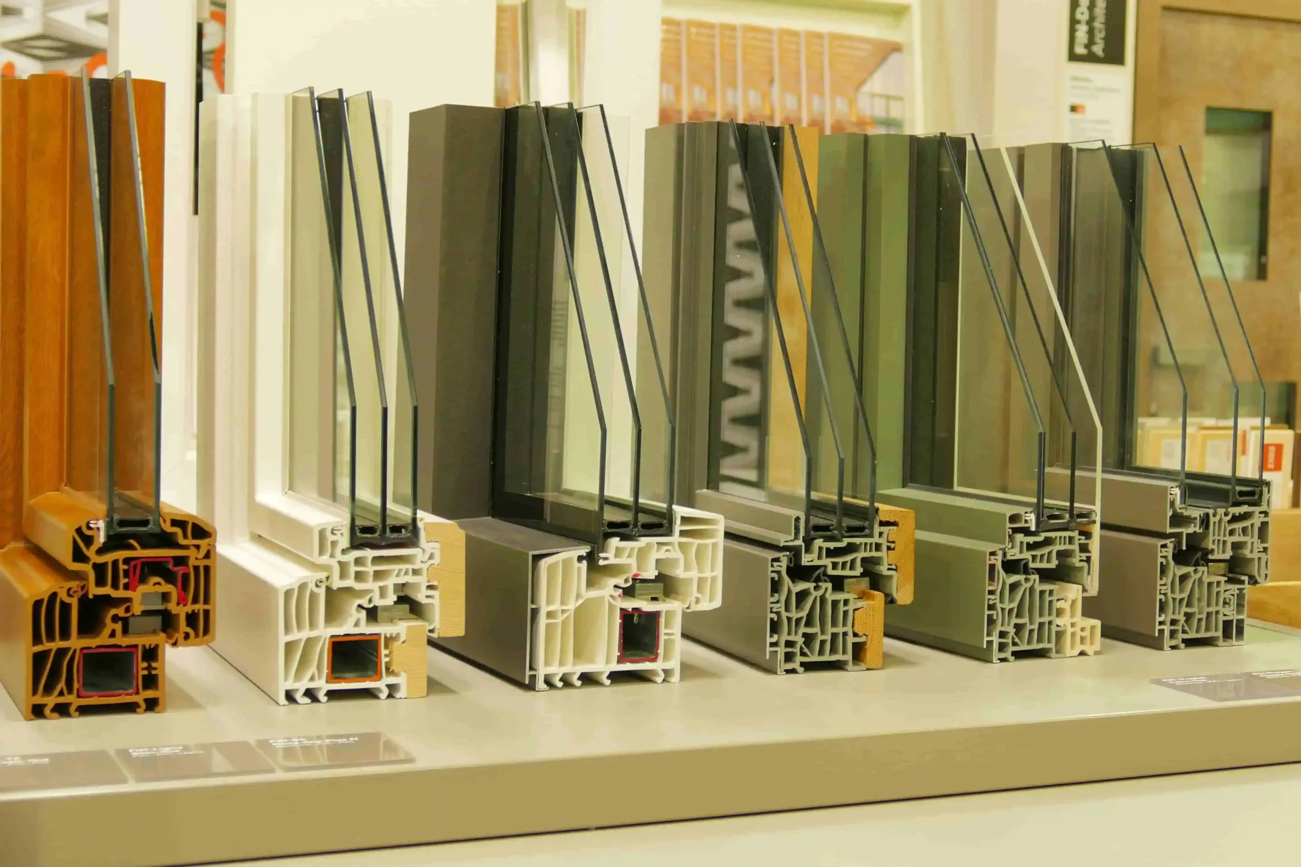 Various window frame profiles displayed in a showroom scaledwebp