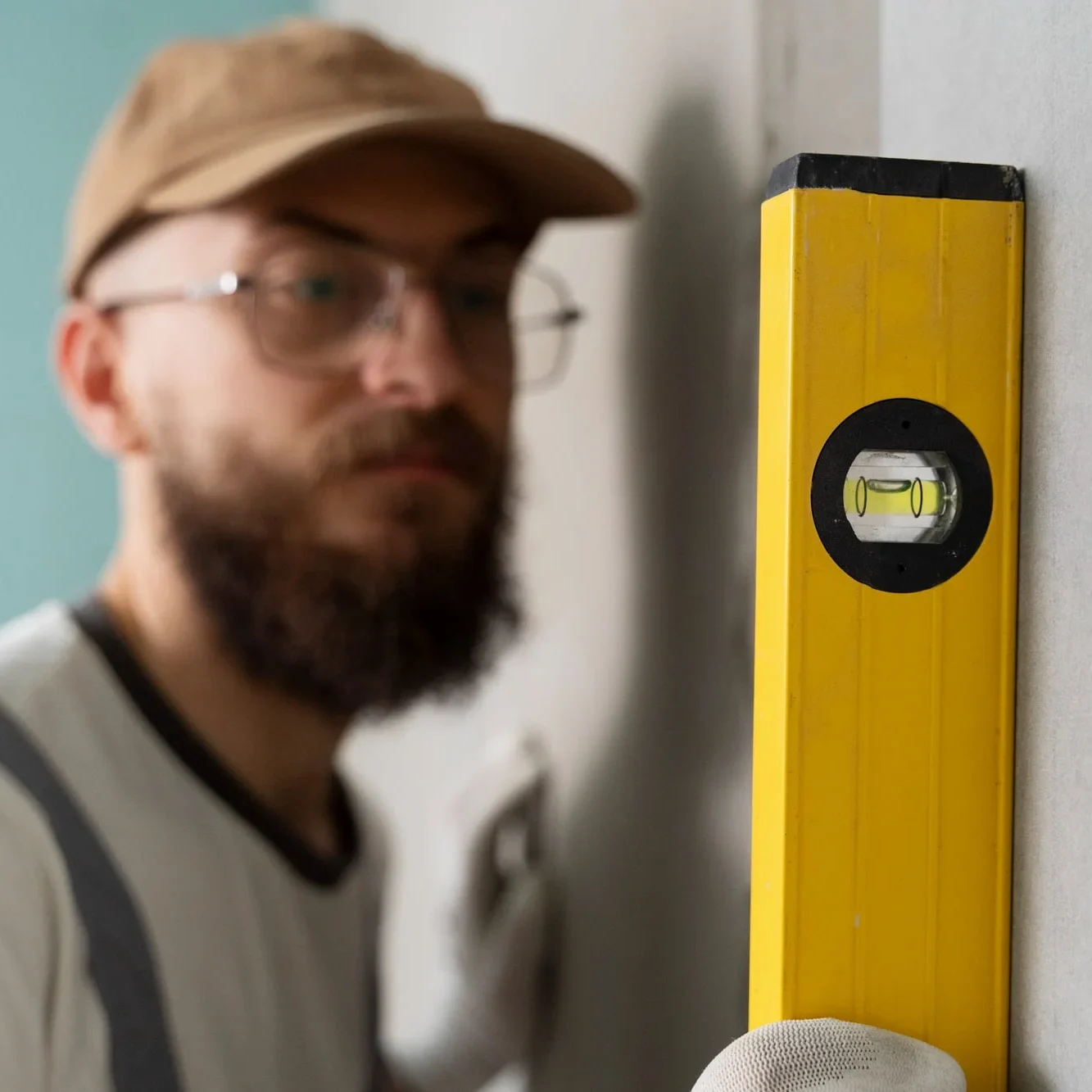 Lavoratore che utilizza uno strumento di livello per controllare l'allineamento