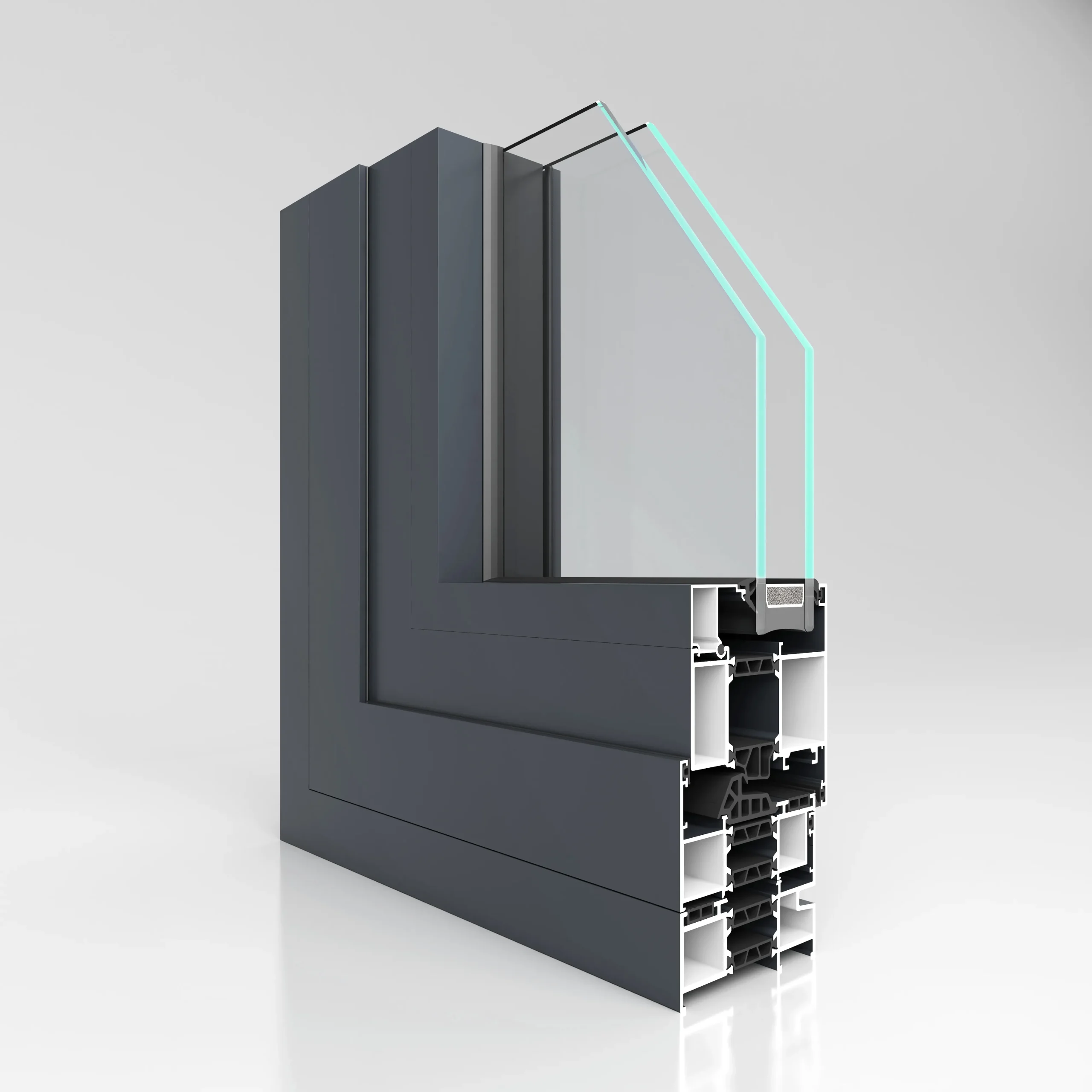 Rendering 3D di un moderno telaio di finestra con doppi vetri da 80 mm