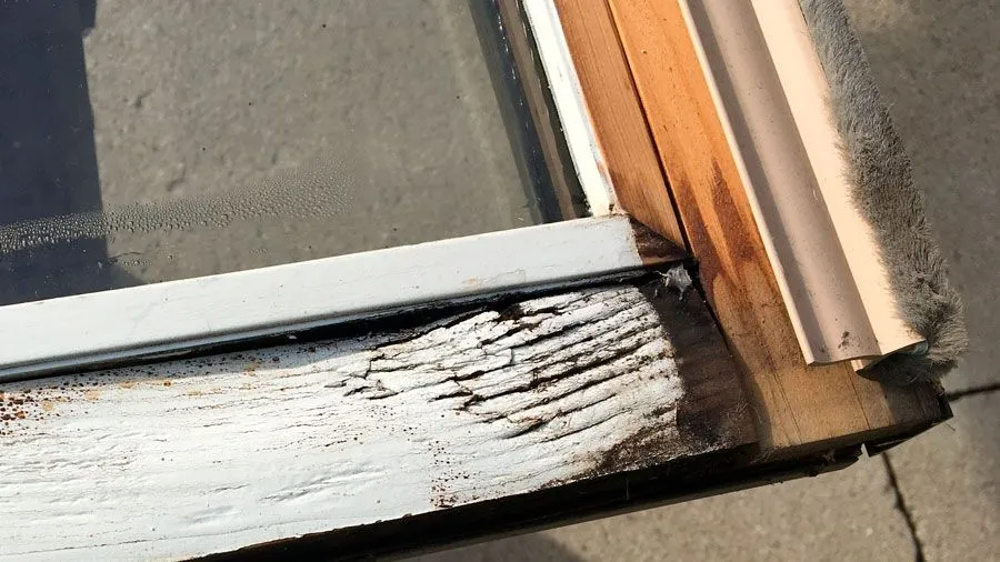 Nahaufnahme eines verrottenden und beschädigten Fensterrahmens