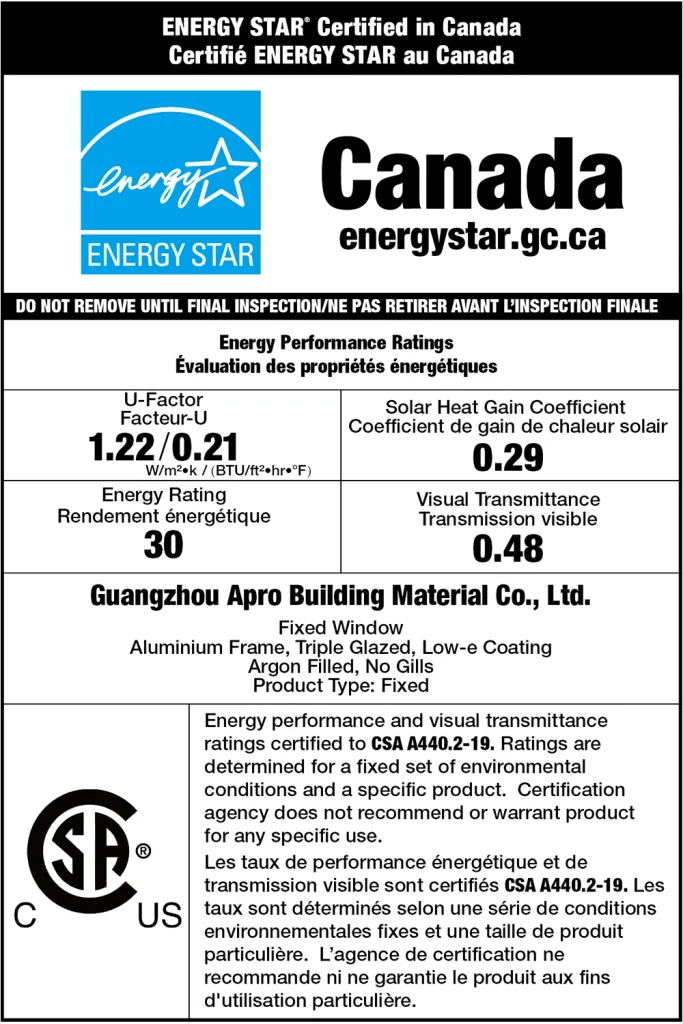 Energy Star certified window with performance ratings