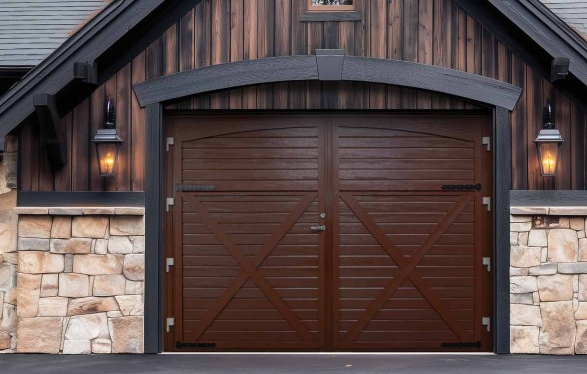 Wooden side hinged garage door with an arch design and metal handles