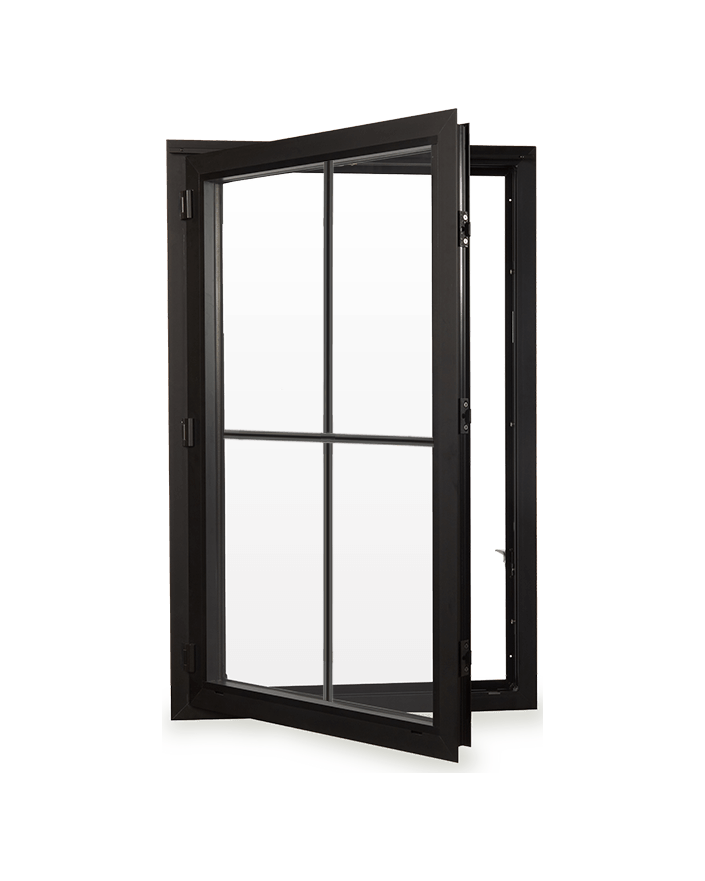 Black aluminum framed casement window slightly opened