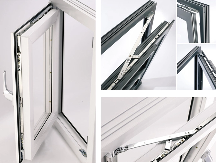 Close up of casement window hinge hardware