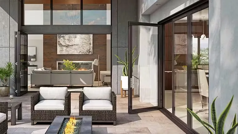 Portas de pátio elegantes com dobradiças que se abrem para assentos modernos ao ar livre