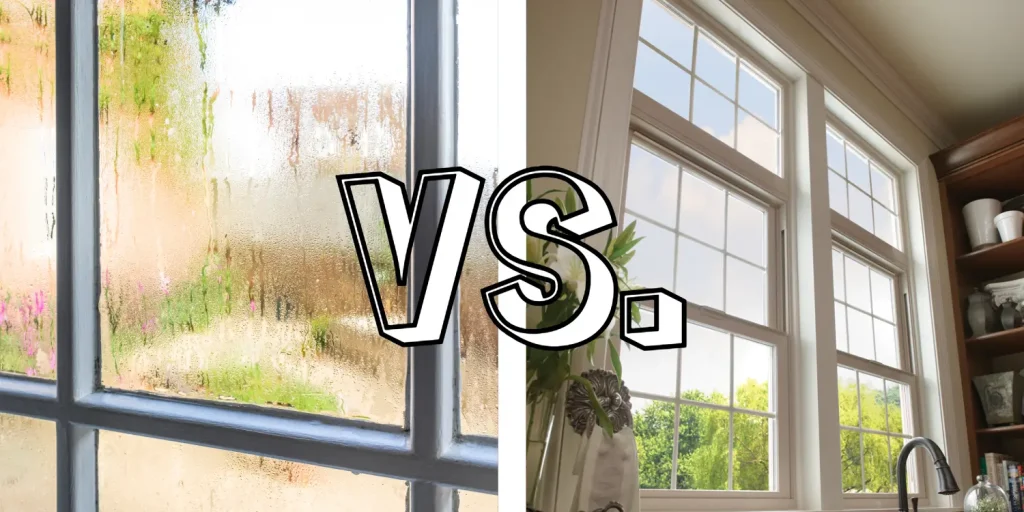 Comparação de janelas de vidro duplo transparentes e embaçadas