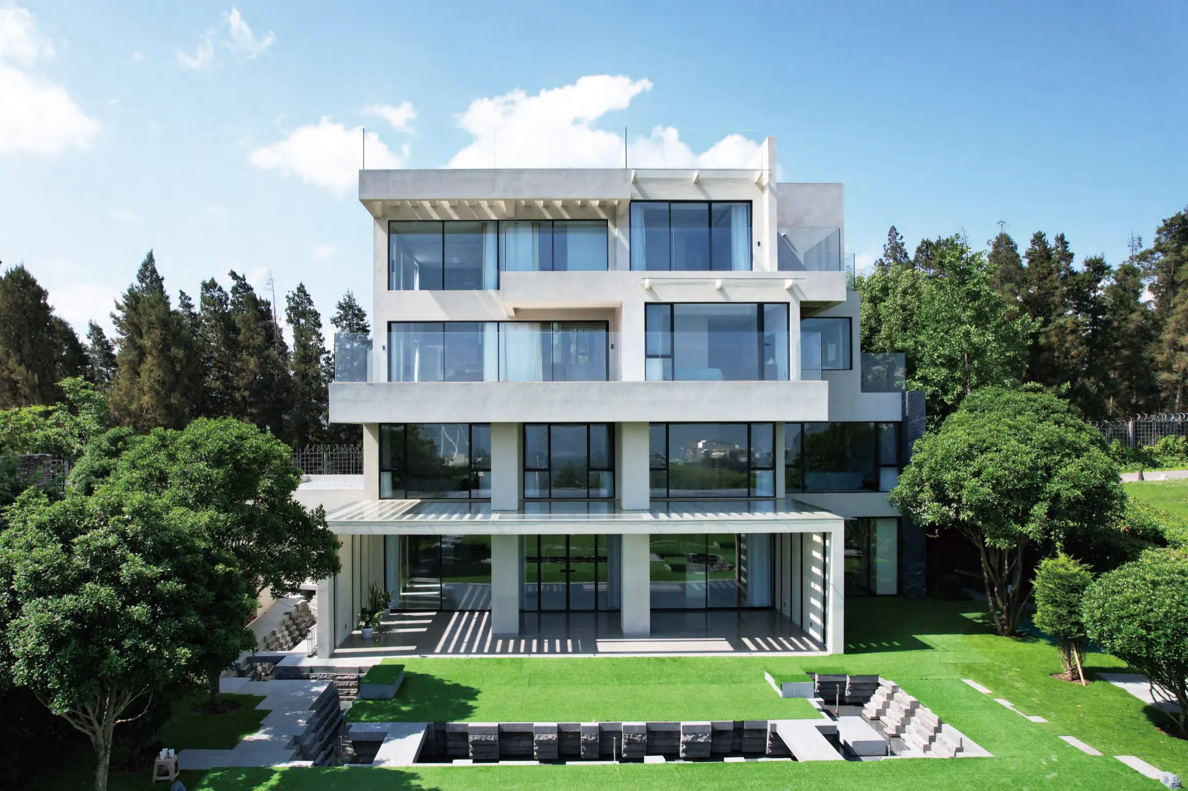 Minimalist facade with sliding glass doors