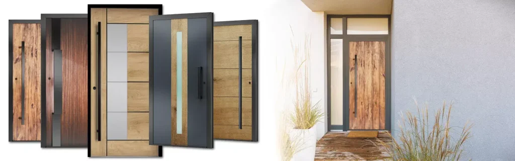 현관에 보이는 현대식 알루미늄 및 목재 문