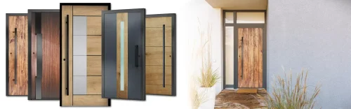 Modern aluminum and wood doors shown in front entrance