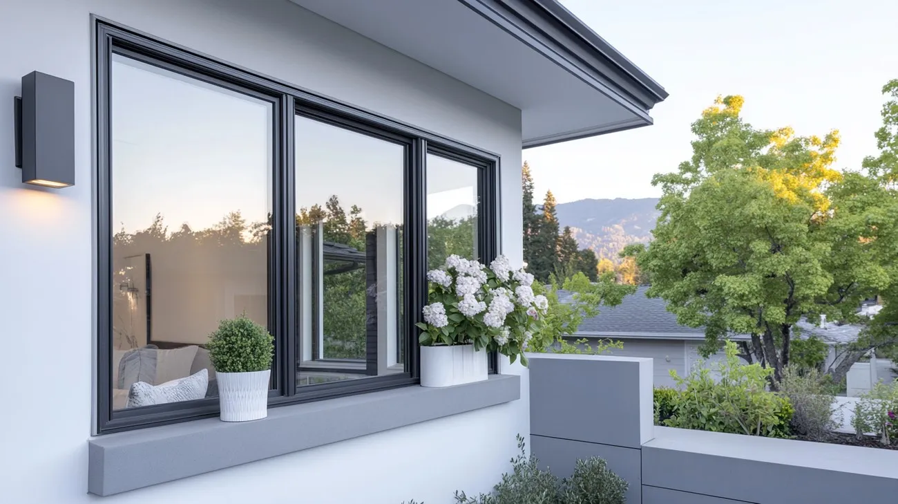 Modern sliding windows with sleek black frames and plants