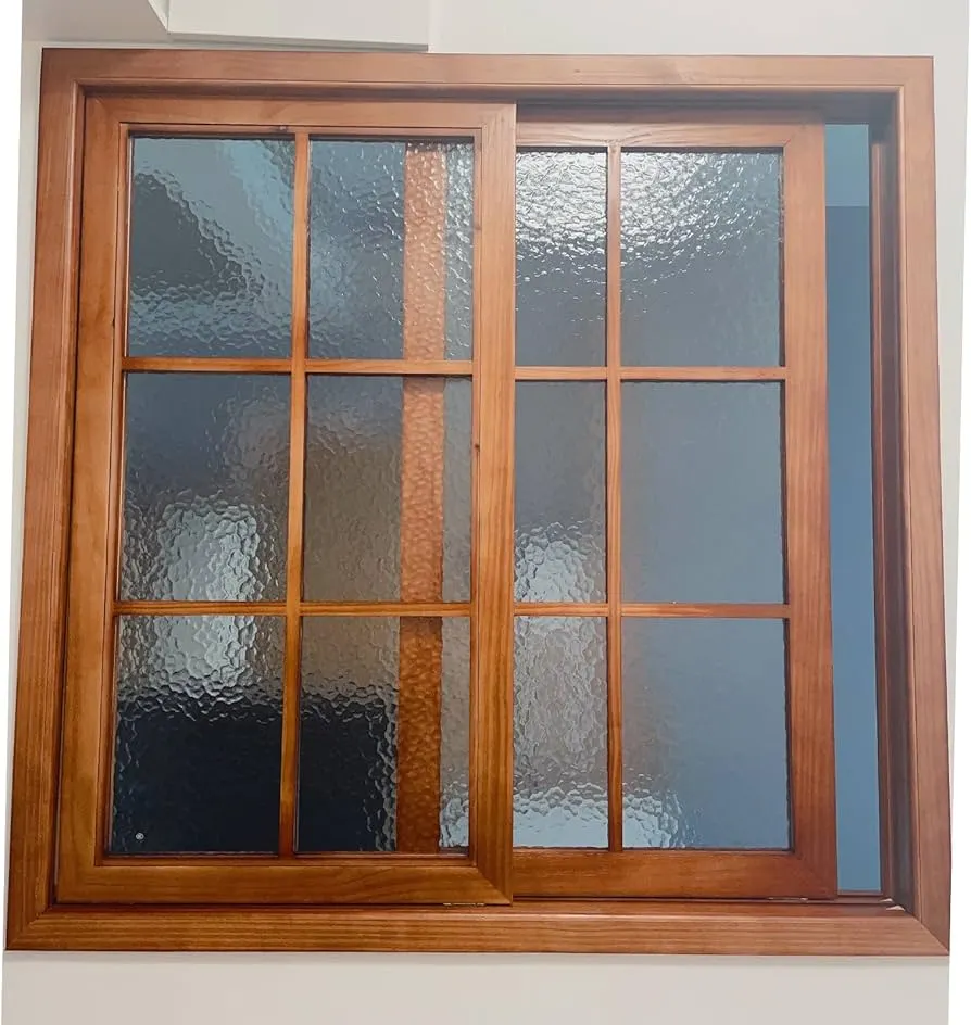 Wooden frame sliding window with textured glass