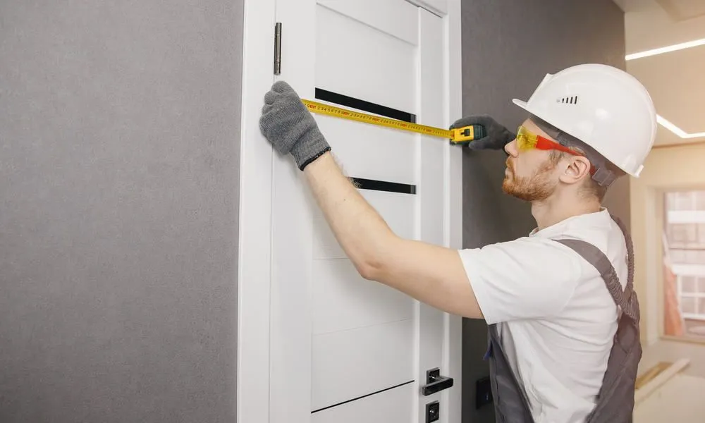 Trabalhador medindo a largura da porta com fita métrica e equipamento