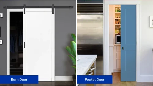 Barn door and blue pocket door side by side visual