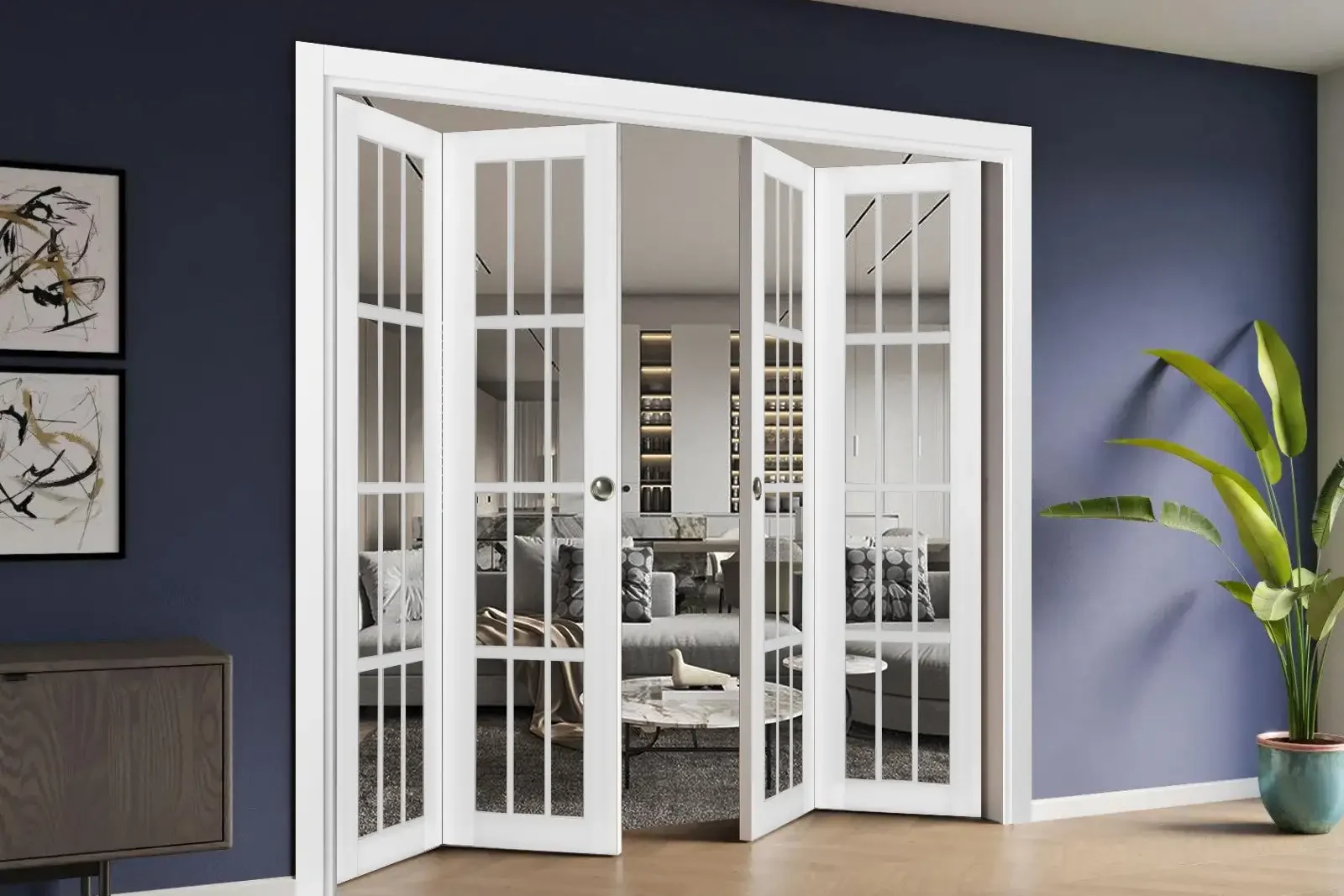 Portes françaises pliantes avec panneaux de verre ouverts vers l'intérieur