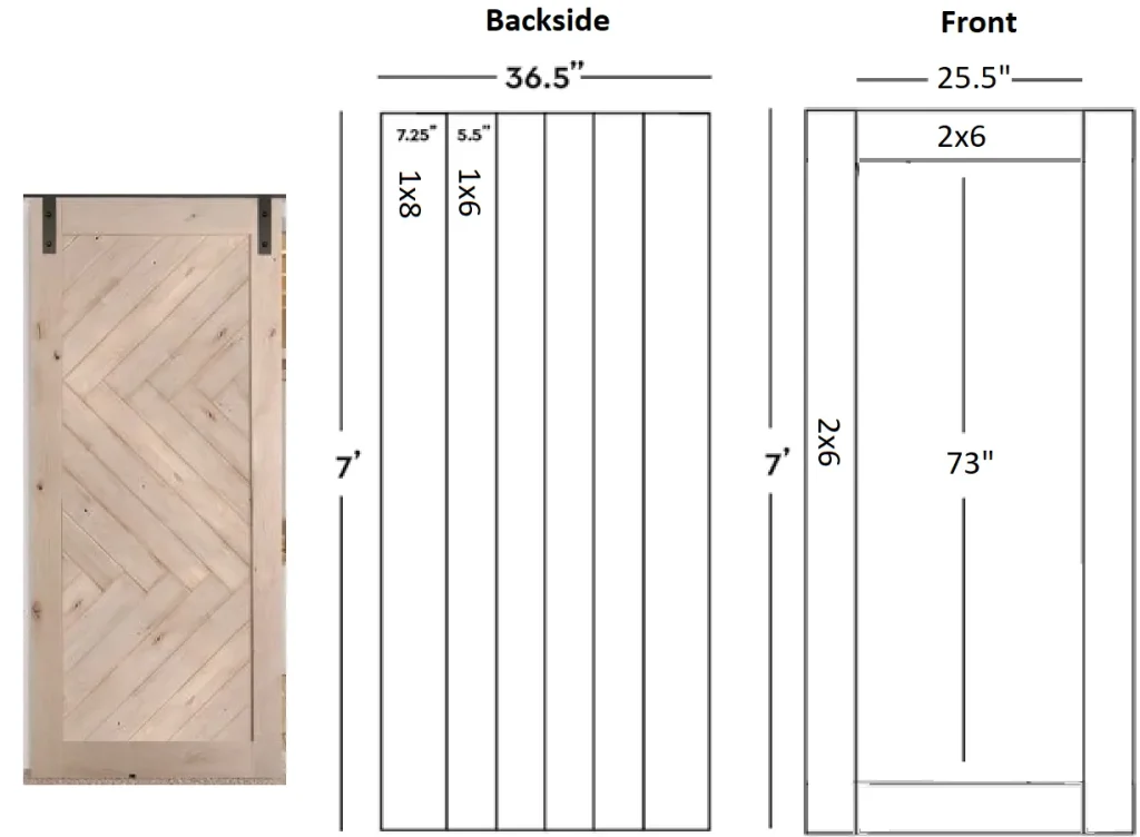 Chevron barn door and size breakdown of front and back