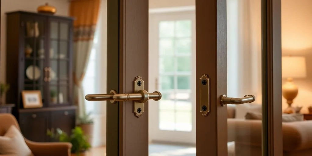 Primer plano de manijas de latón en puertas francesas