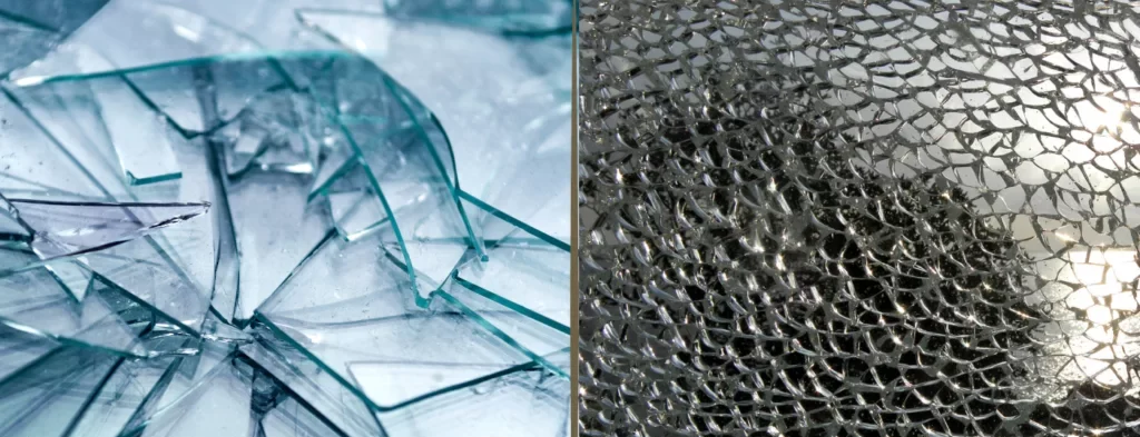 깨진 강화 유리와 적층 유리의 클로즈업