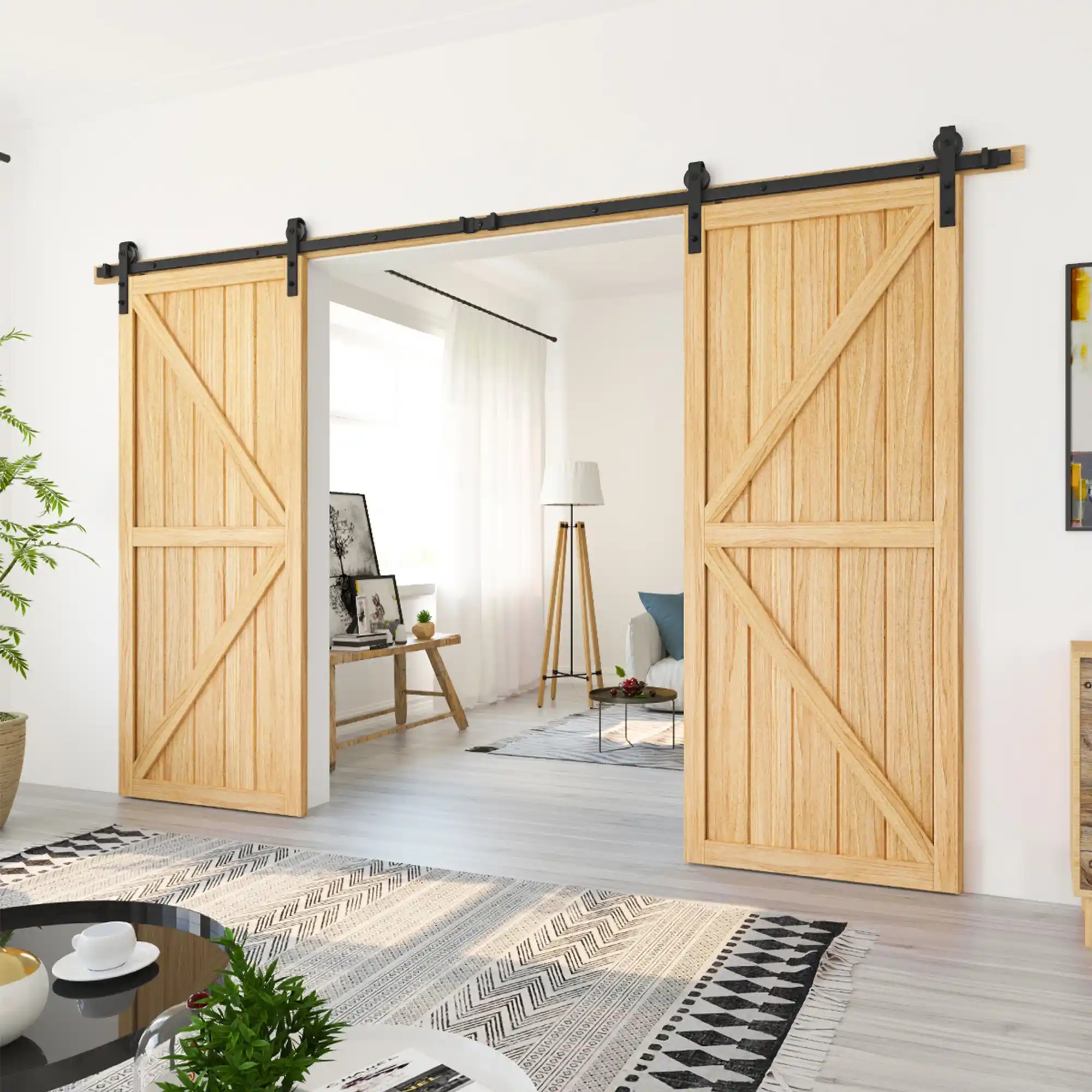 Double barn doors on black track across wide entryway