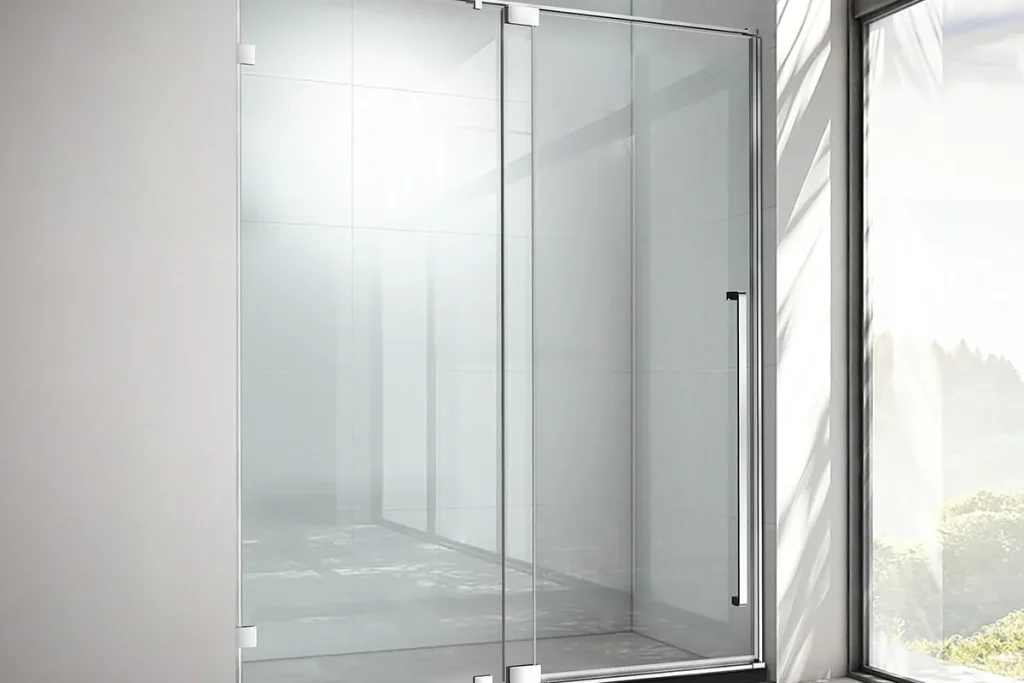 Frameless swing glass door in minimalist bathroom