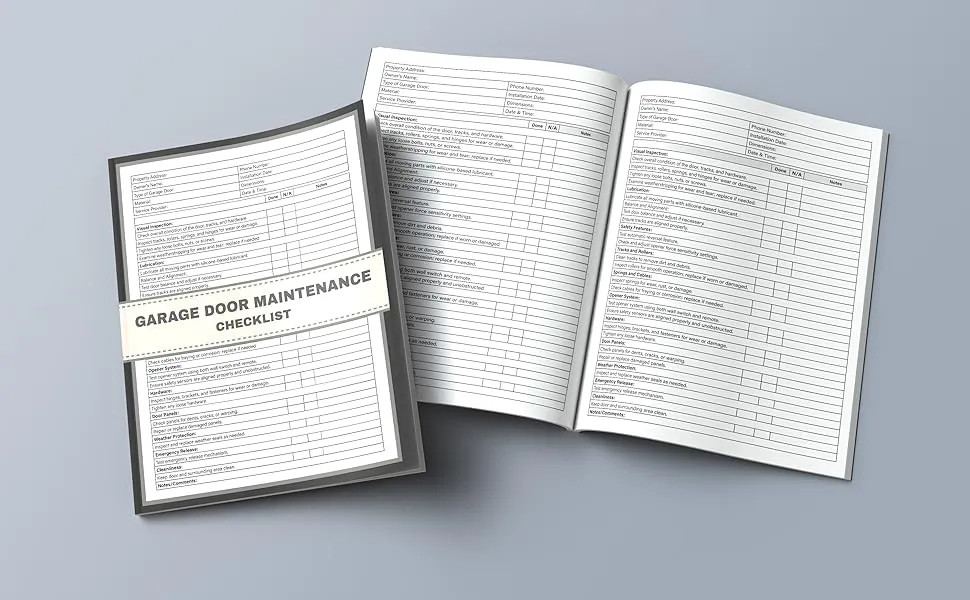 Lista de verificação de manutenção de portas de garagem em livreto aberto