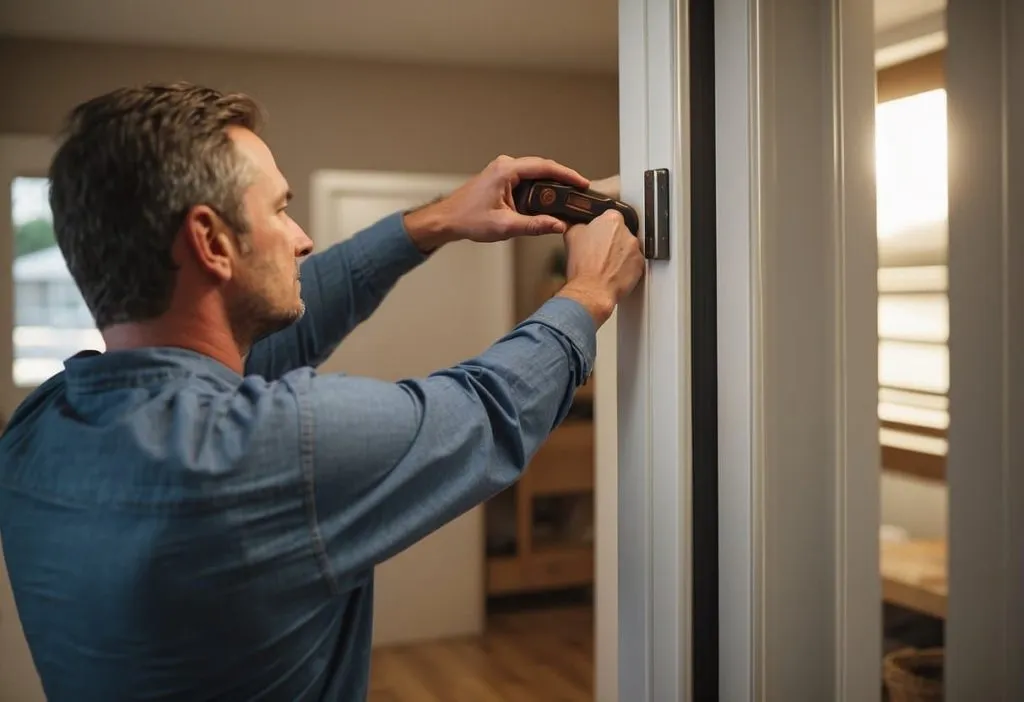 포켓 도어 프레임에 래치를 설치하는 남자