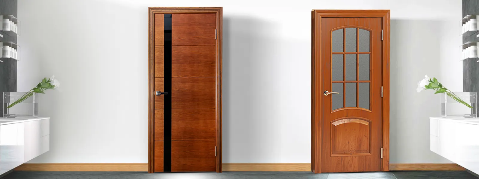 Современный дизайн гладких и классических панельных дверей рядом друг с другом