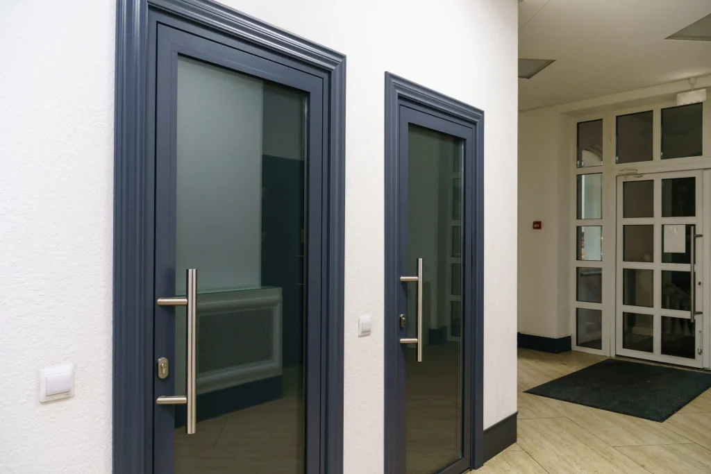 Modern office with glass swing doors