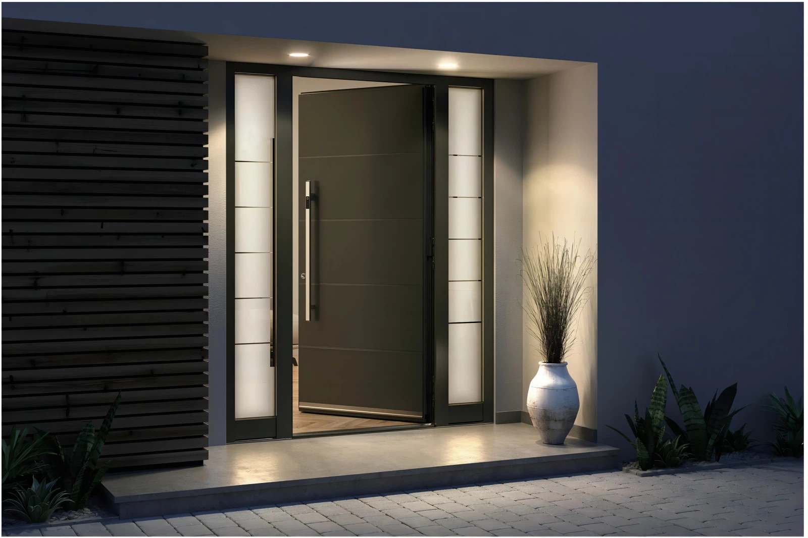 유리 패널 측면이 있는 현대식 피벗 현관문