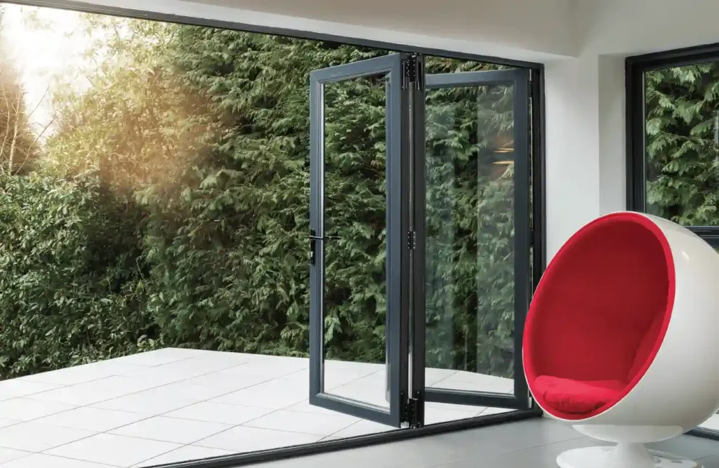 Portes-fenêtres laissant entrer la lumière du soleil dans une pièce moderne