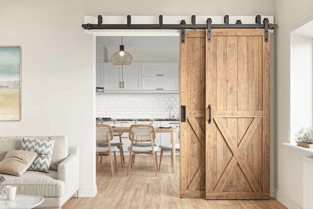 Rustic bypass barn doors in living room