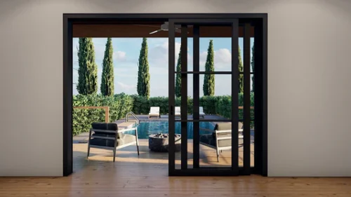 Eleganti portefinestre in acciaio che si aprono sul rifugio a bordo piscina