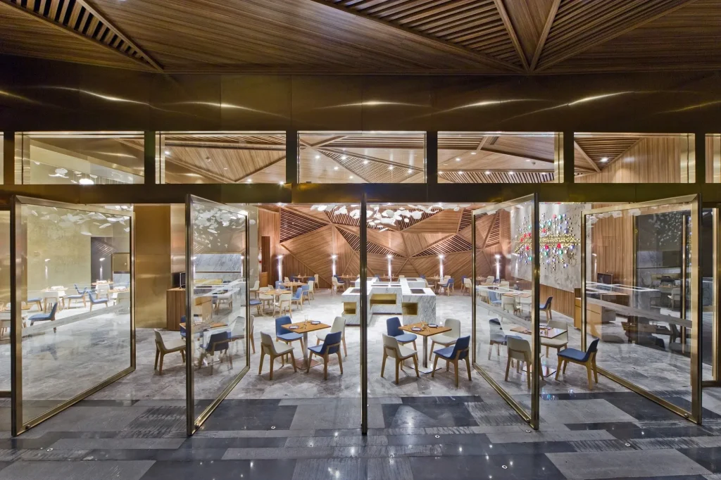 Upscale restaurant with pivot doors