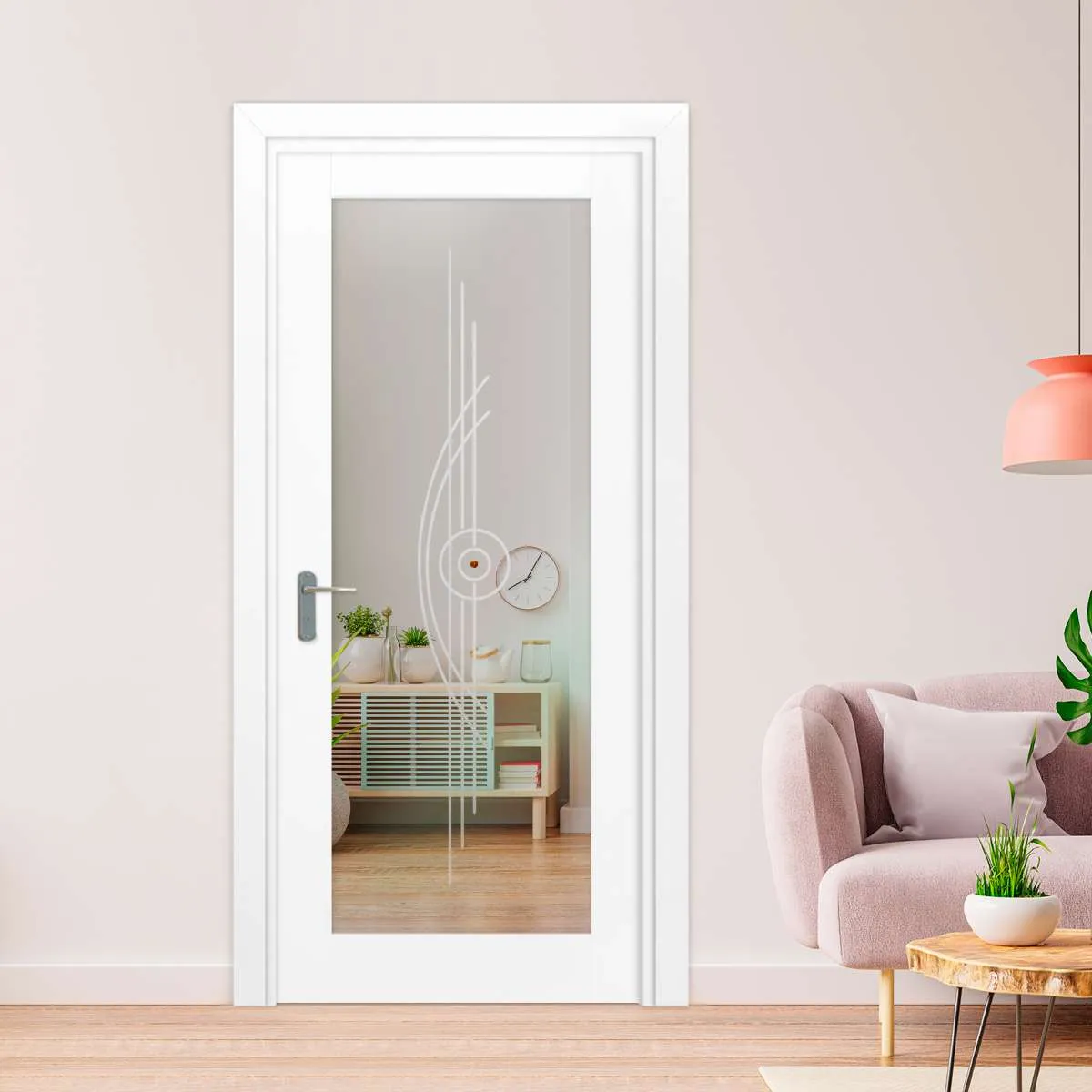 Porte intérieure en verre blanche avec motif décoratif