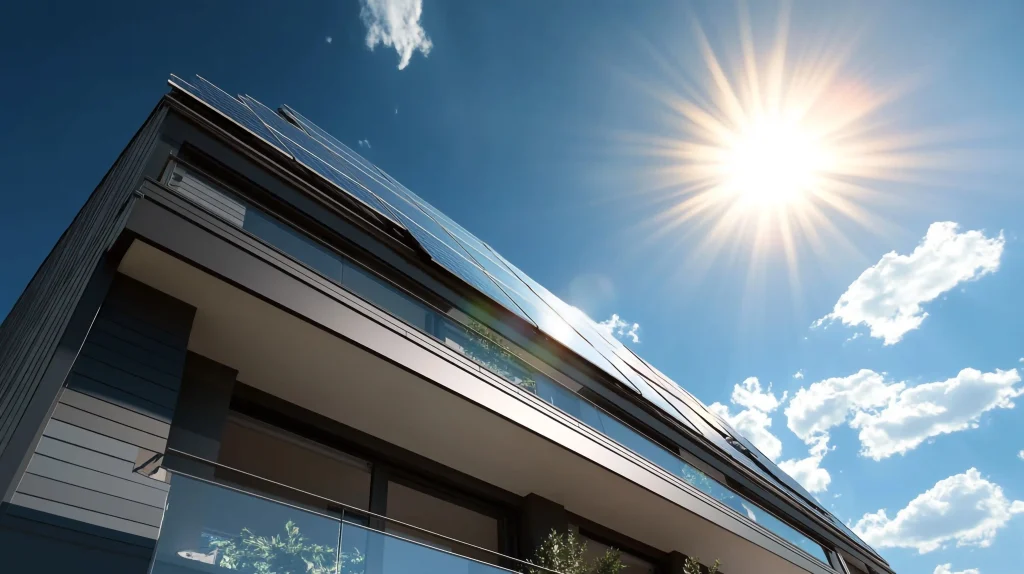 Building with solar panels and insulated facade