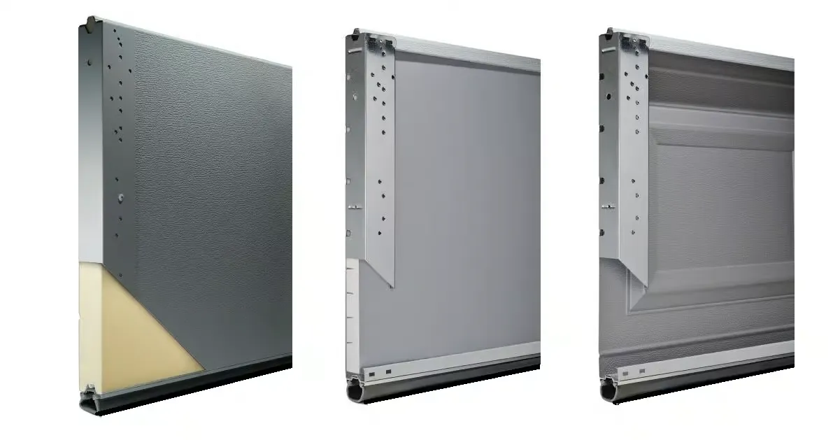 Cortes transversais mostrando três tipos de isolamento de portas de garagem